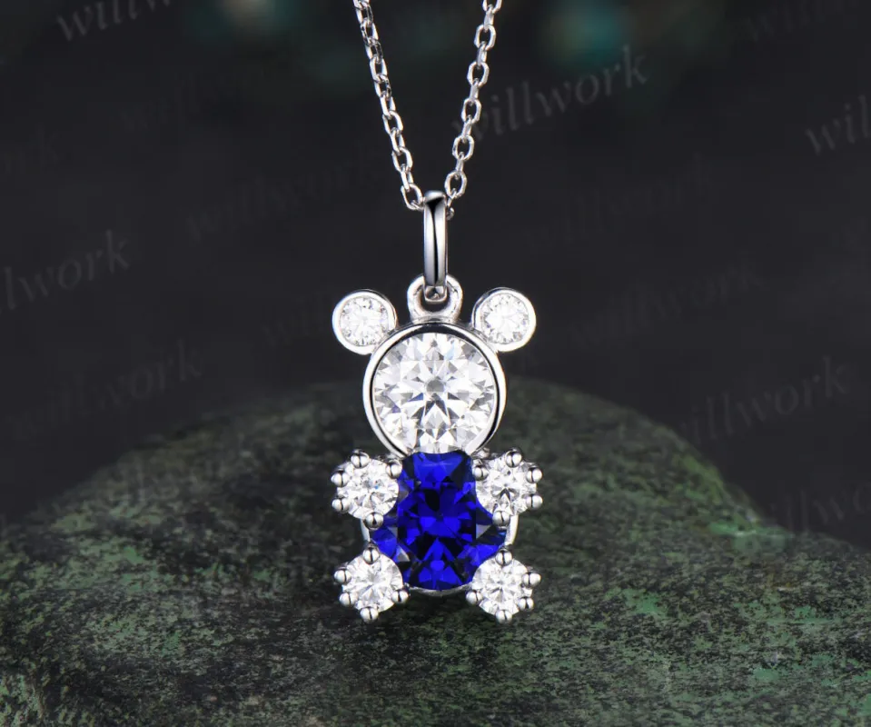 Round sapphire moissanite Teddy bear necklace solid white gold bezel charm pendant cute graduation birthday gift for her made by Willwork Jewelry