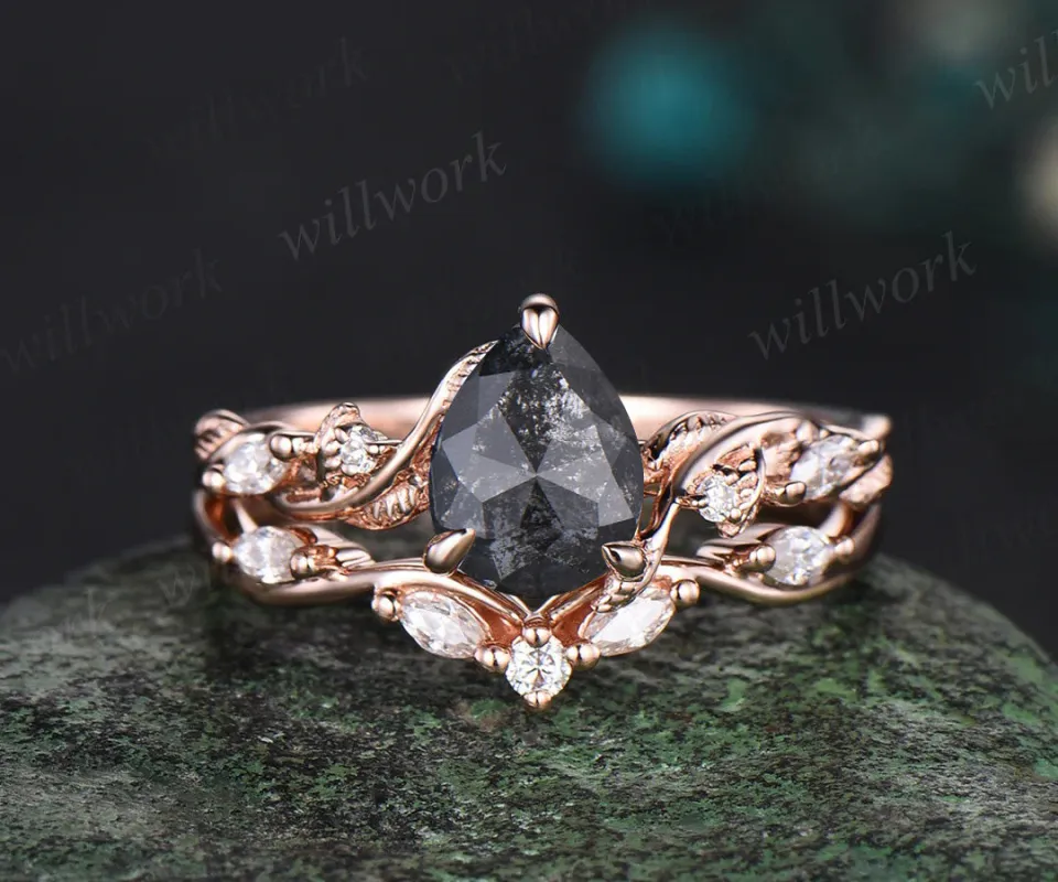 Pear cut salt and pepper diamond engagement Ring Set vintage Nature Inspired Branch rose gold Twist Leaf diamond promise Bridal ring Set women sold by Willwork Jewelry