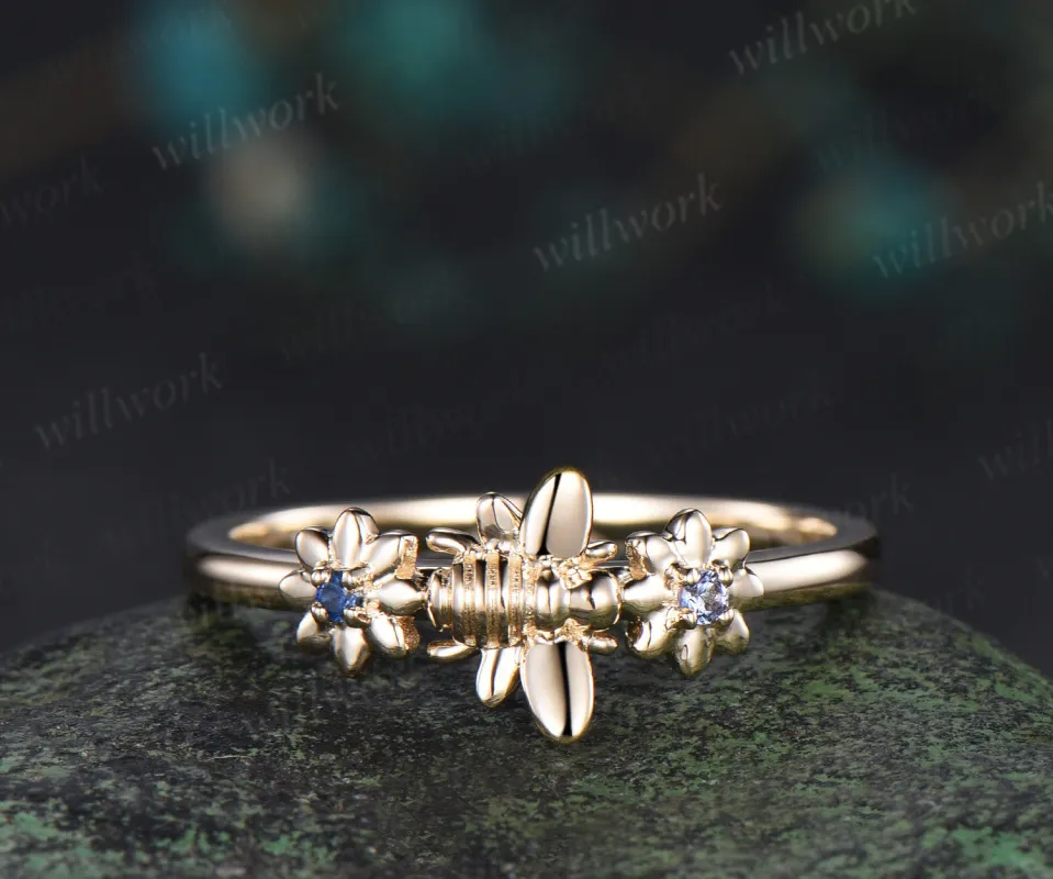 Unique tiny bee sapphire alexandrite ring solid 14k yellow gold toi et moi ring bumble bee floral ring couple bff gifts sold by Willwork Jewelry
