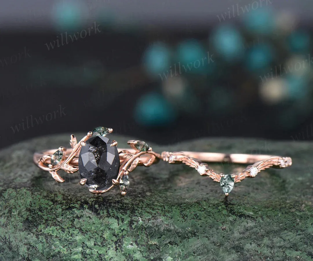 Vintage oval cut salt and pepper diamond engagement ring art deco cluster leaf nature inspired bridal promise wedding ring set women sold by Willwork Jewelry product image thumbnail 4