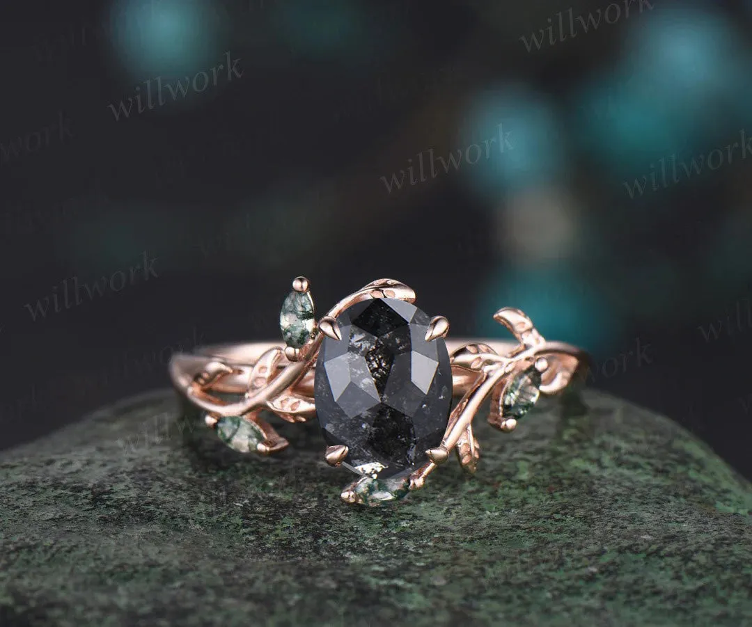 Vintage oval cut salt and pepper diamond engagement ring art deco cluster leaf nature inspired bridal promise wedding ring set women sold by Willwork Jewelry product image thumbnail 5