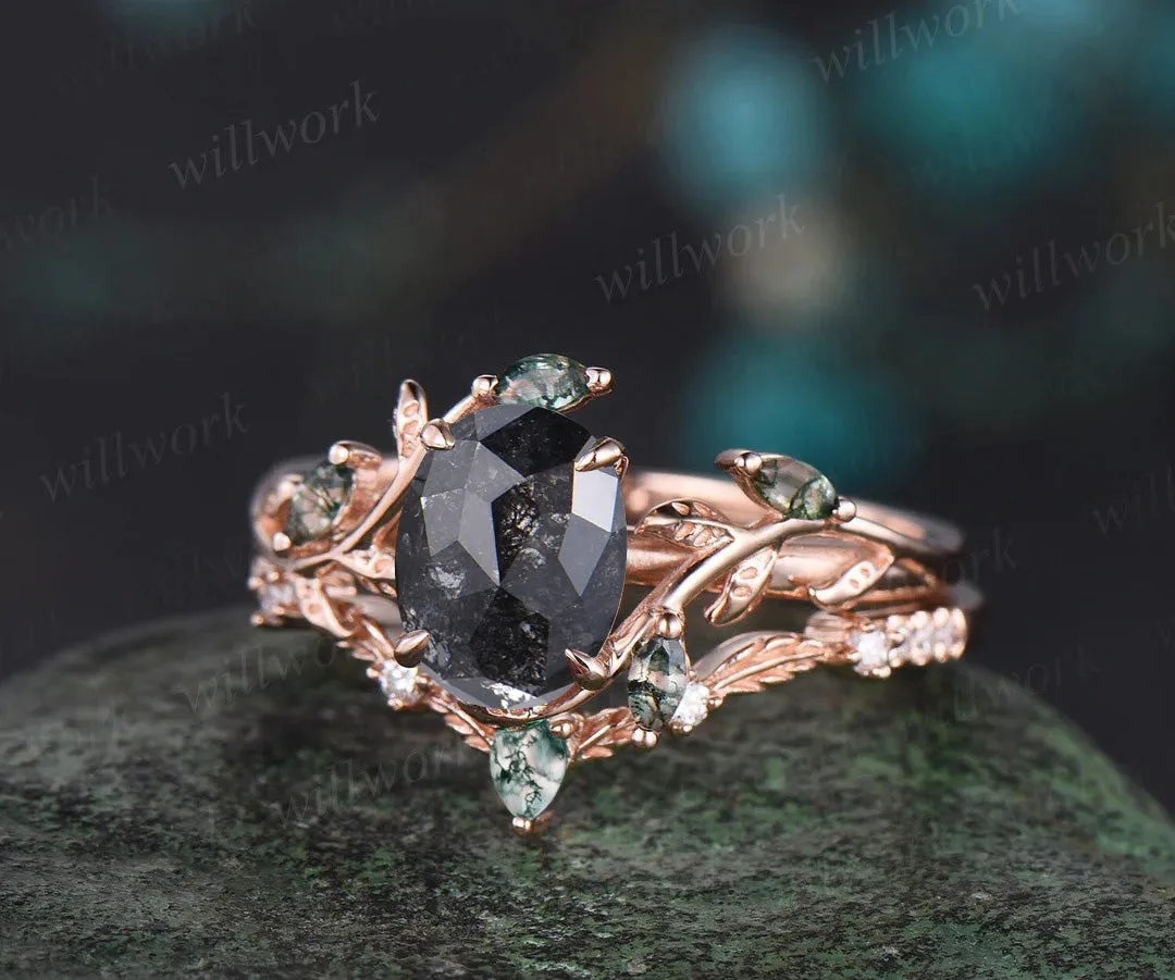 Vintage oval cut salt and pepper diamond engagement ring art deco cluster leaf nature inspired bridal promise wedding ring set women sold by Willwork Jewelry product image thumbnail 3