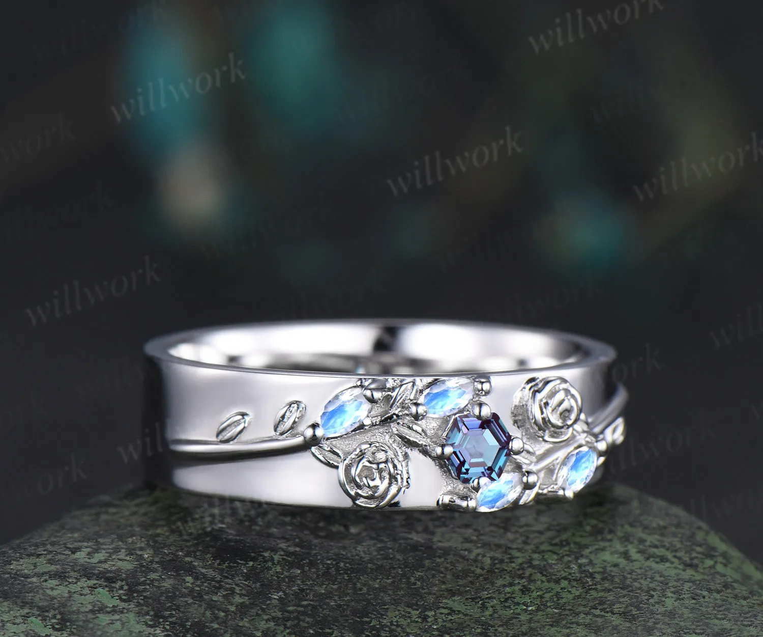 Hexagon alexandrite mens wedding band solid 14k white marquise moonstone leaf floral wedding ring unique anniversary ring gifts for him sold by Willwork Jewelry product image thumbnail 4
