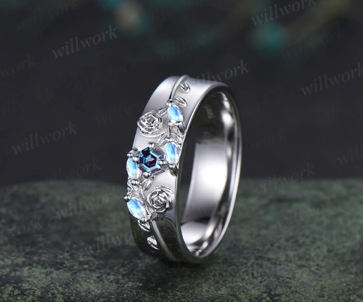 Hexagon alexandrite mens wedding band solid 14k white marquise moonstone leaf floral wedding ring unique anniversary ring gifts for him sold by Willwork Jewelry product image thumbnail 3