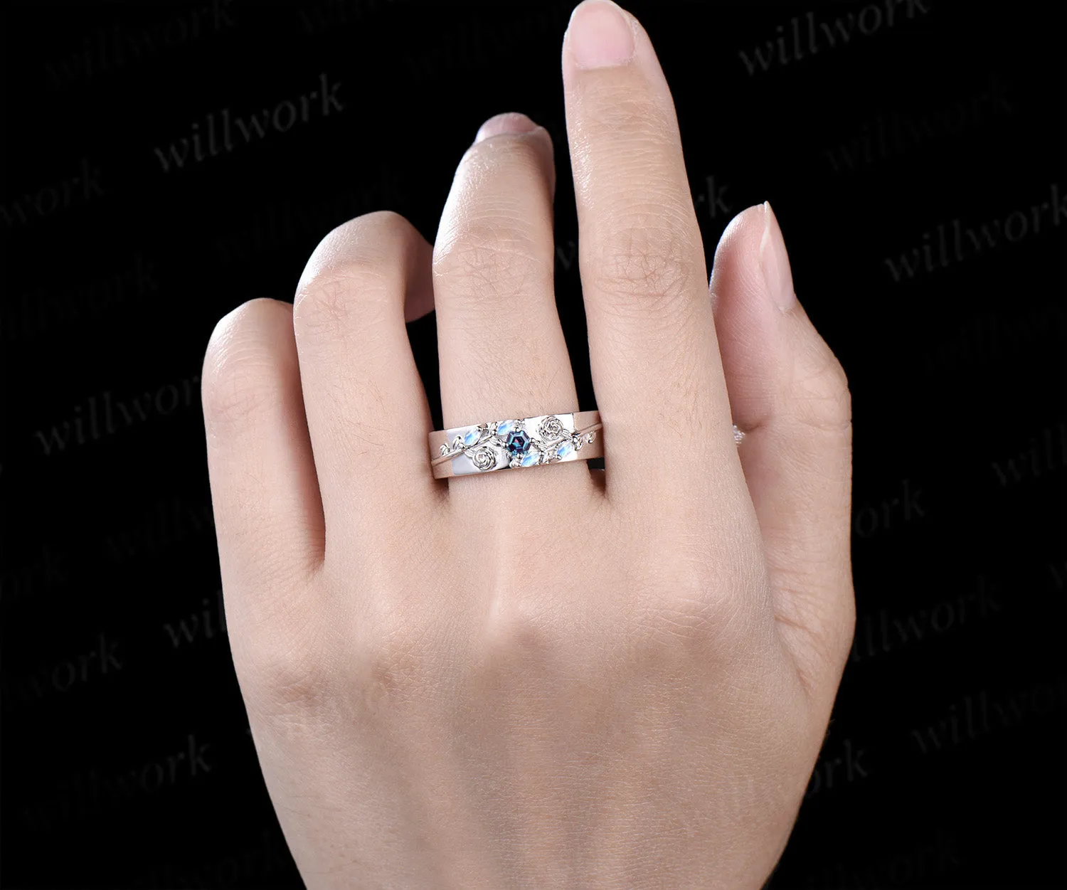 Hexagon alexandrite mens wedding band solid 14k white marquise moonstone leaf floral wedding ring unique anniversary ring gifts for him sold by Willwork Jewelry product image thumbnail 2