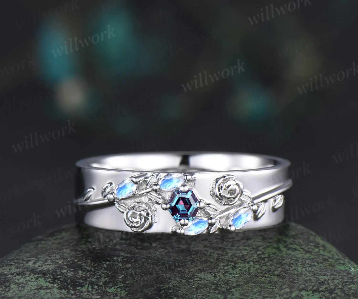 Hexagon alexandrite mens wedding band solid 14k white marquise moonstone leaf floral wedding ring unique anniversary ring gifts for him sold by Willwork Jewelry