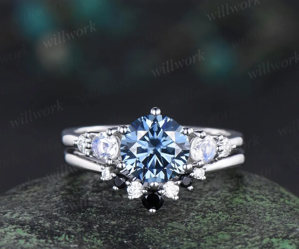 Unique round cut blue moissanite engagement ring set five stone moonstone ring minimalist moissanite bridal wedding ring set for women sold by Willwork Jewelry