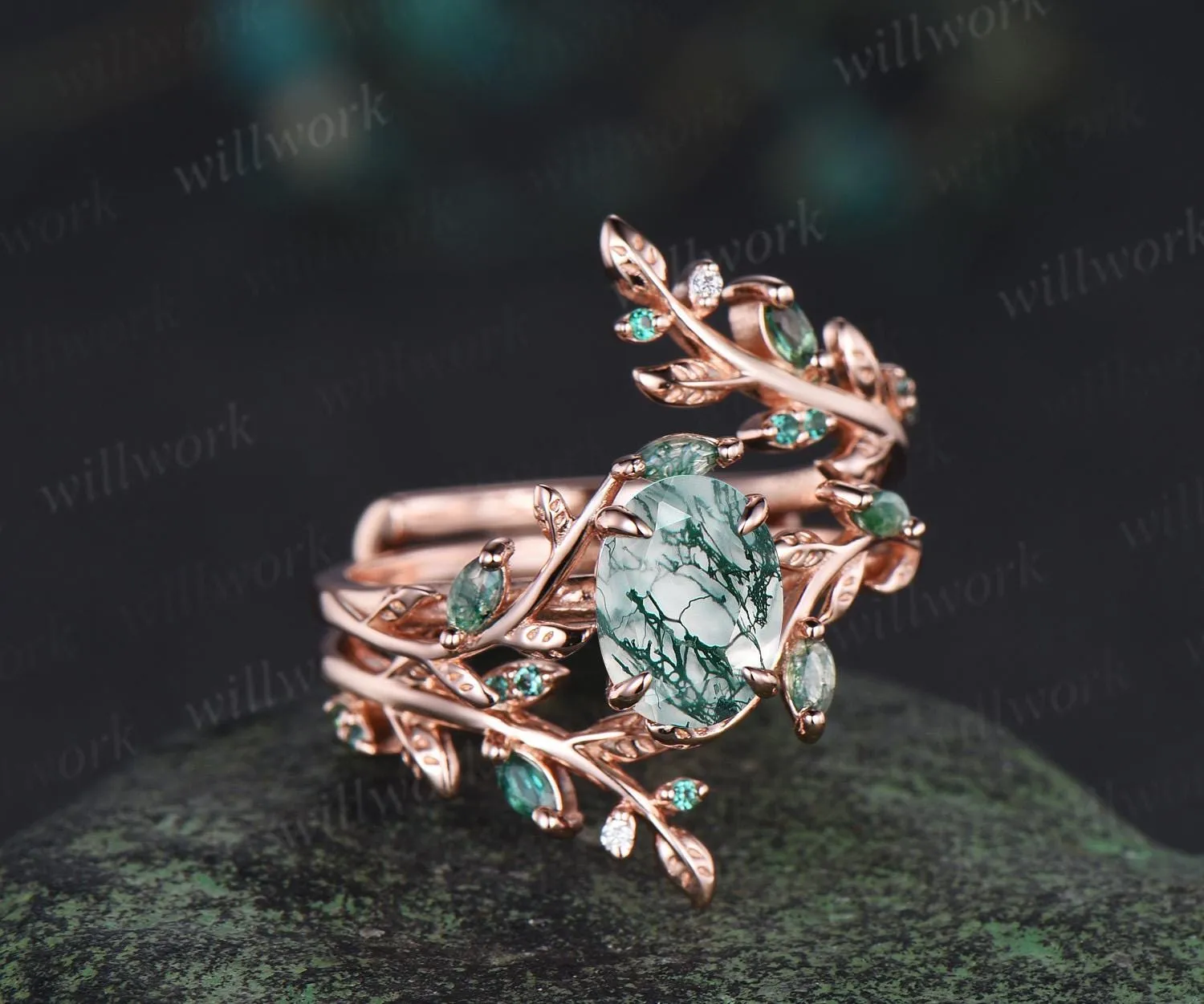 Vintage oval moss agate engagement ring set 14k rose gold leaf five stone wedding band enhancer women unique promise bridal ring set gift sold by Willwork Jewelry product image thumbnail 4