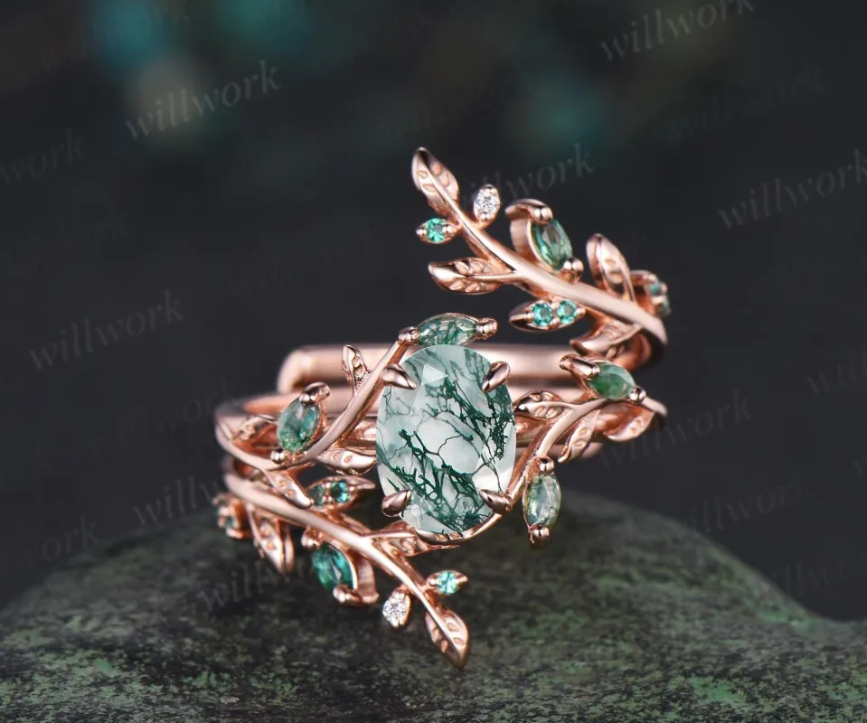 Vintage oval moss agate engagement ring set 14k rose gold leaf five stone wedding band enhancer women unique promise bridal ring set gift sold by Willwork Jewelry