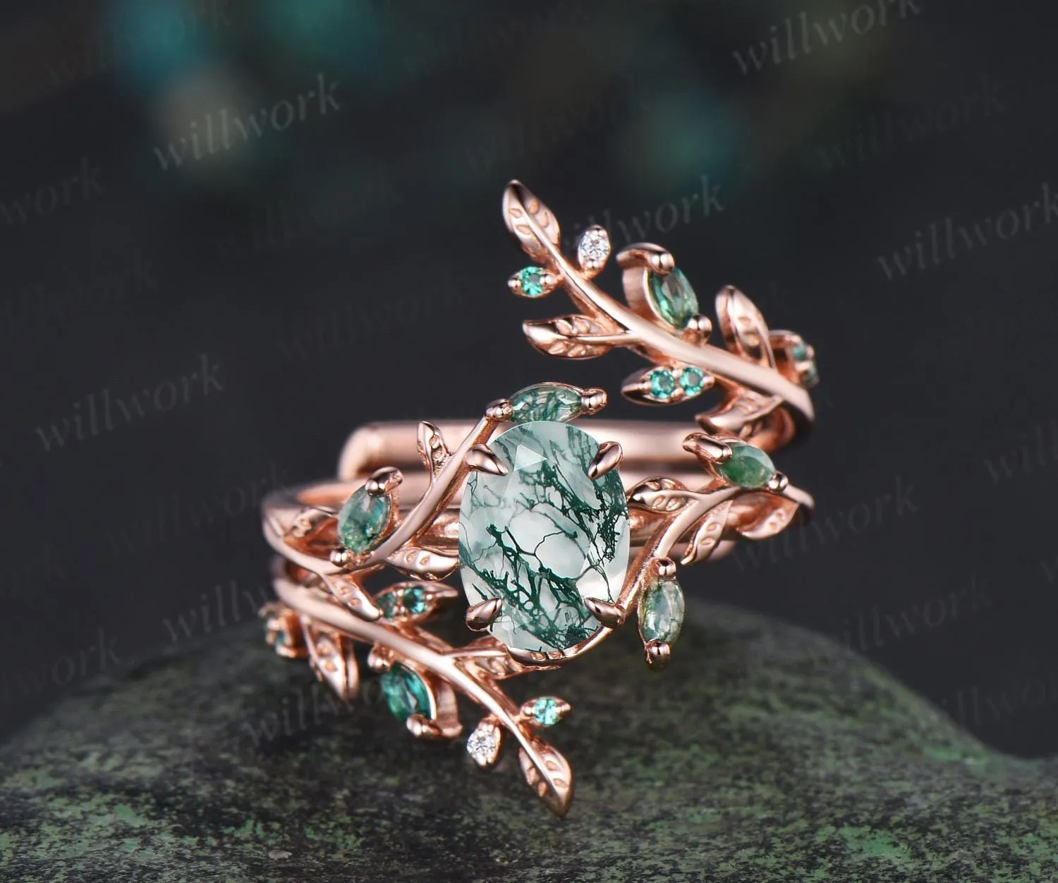Vintage oval moss agate engagement ring set 14k rose gold leaf five stone wedding band enhancer women unique promise bridal ring set gift sold by Willwork Jewelry