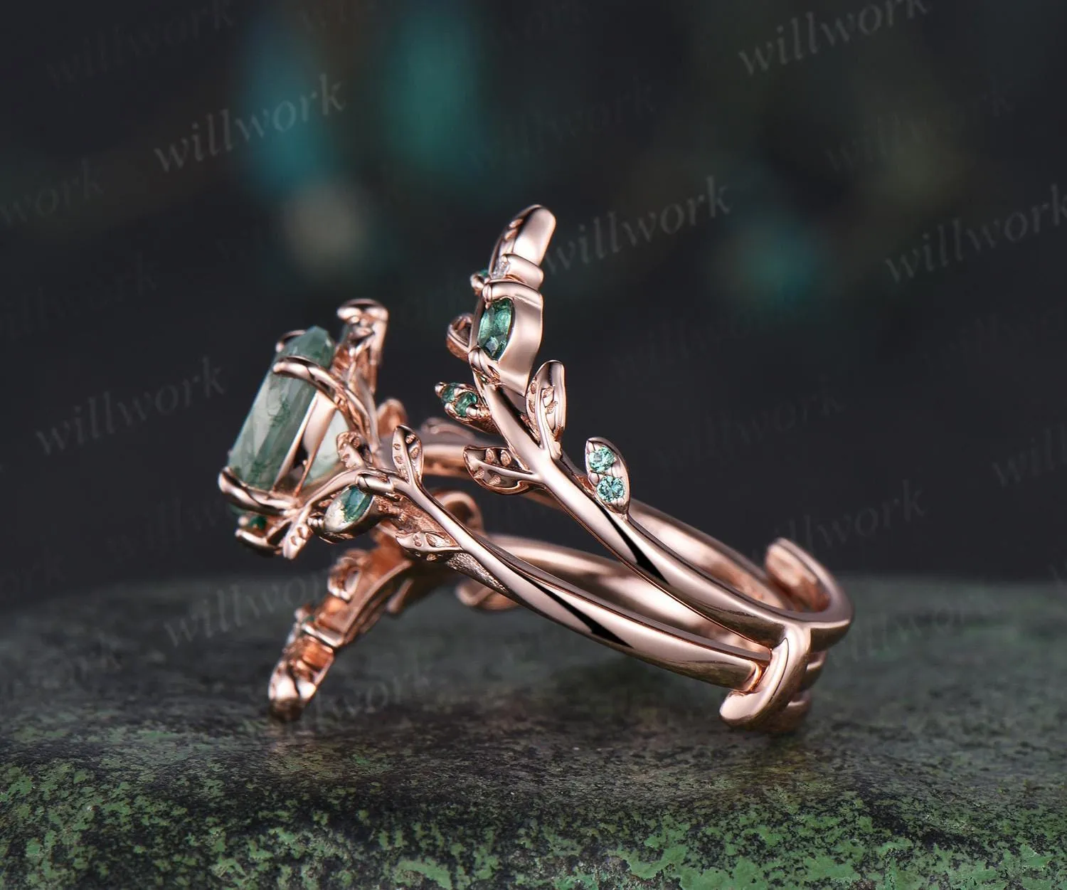 Vintage oval moss agate engagement ring set 14k rose gold leaf five stone wedding band enhancer women unique promise bridal ring set gift sold by Willwork Jewelry product image thumbnail 5