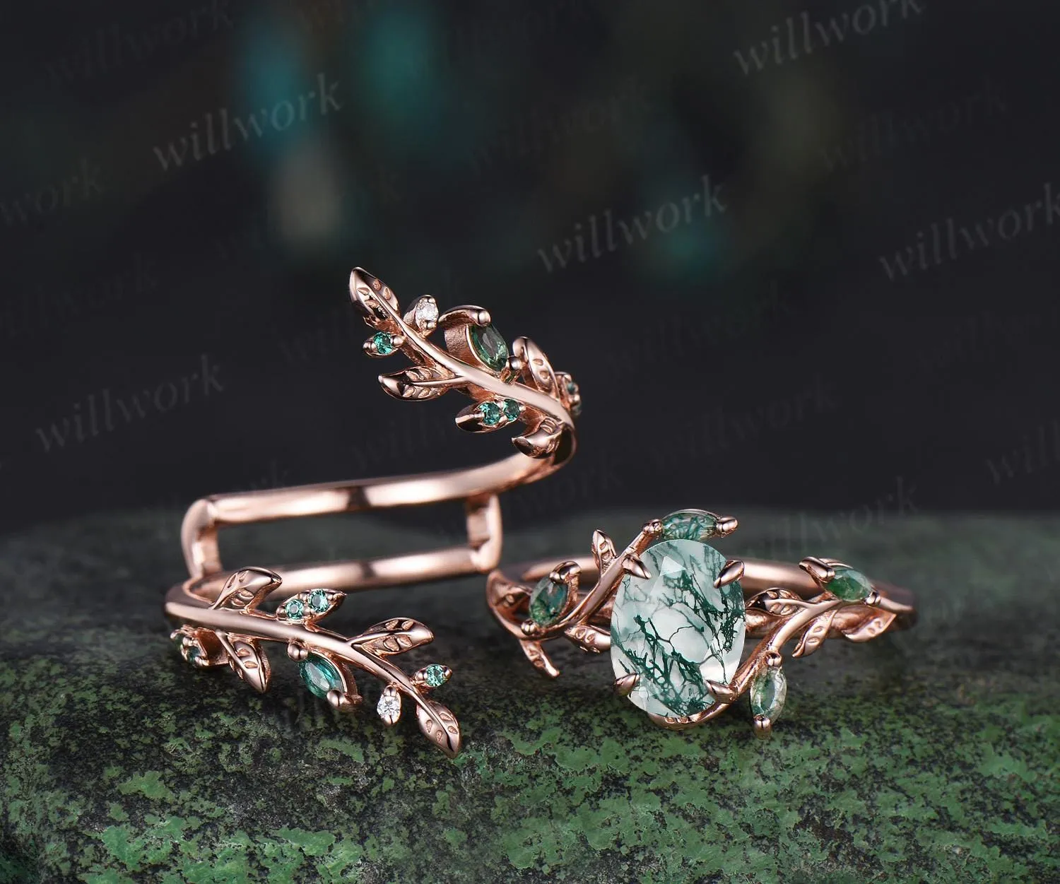 Vintage oval moss agate engagement ring set 14k rose gold leaf five stone wedding band enhancer women unique promise bridal ring set gift sold by Willwork Jewelry product image thumbnail 2