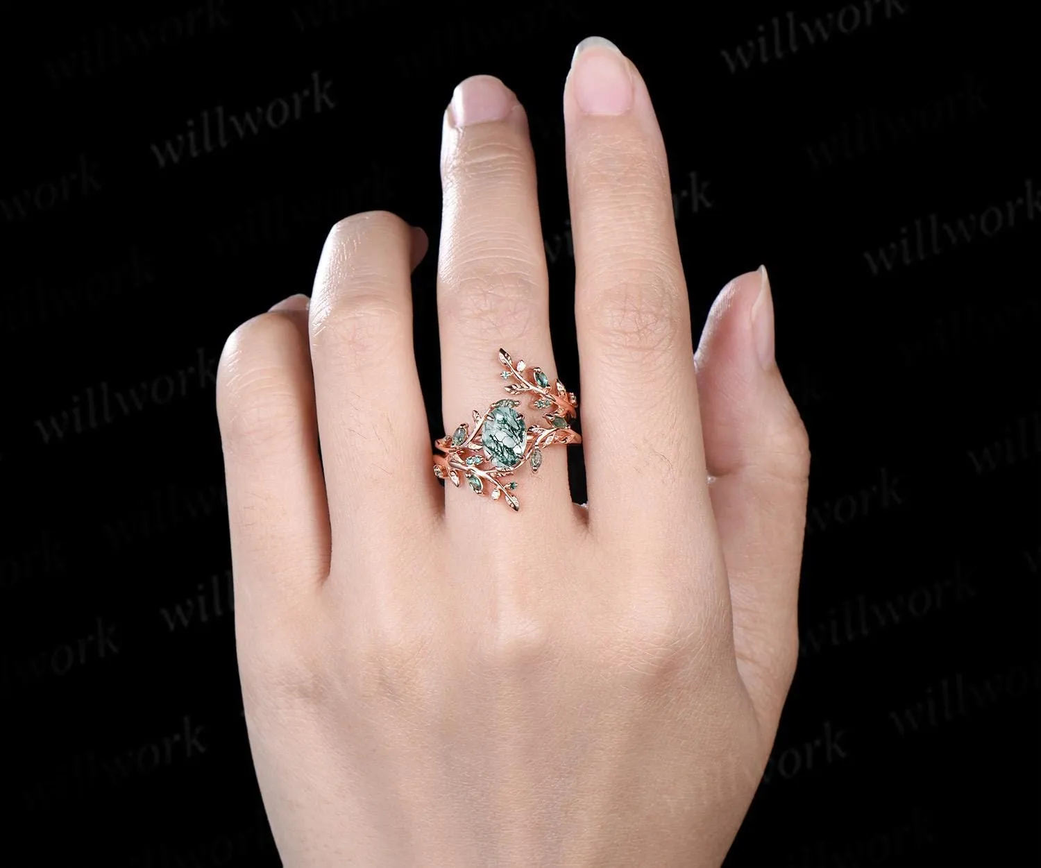 Vintage oval moss agate engagement ring set 14k rose gold leaf five stone wedding band enhancer women unique promise bridal ring set gift sold by Willwork Jewelry product image thumbnail 3