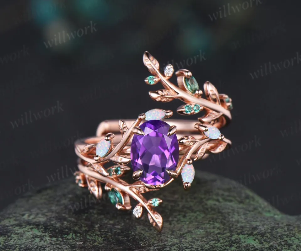 Oval cut amethyst engagement ring set 14k rose gold opal emerald branch leaf cluster wedding band enhancer women unique wedding ring set sold by Willwork Jewelry