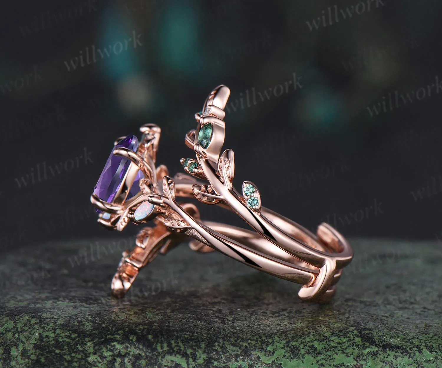 Oval cut amethyst engagement ring set 14k rose gold opal emerald branch leaf cluster wedding band enhancer women unique wedding ring set sold by Willwork Jewelry product image thumbnail 5