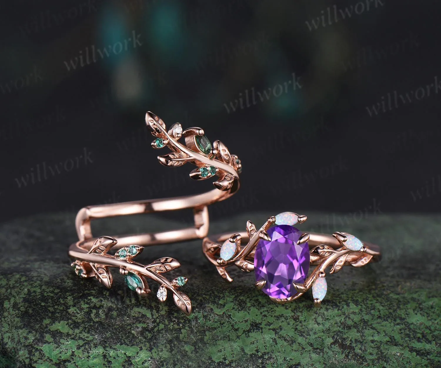 Oval cut amethyst engagement ring set 14k rose gold opal emerald branch leaf cluster wedding band enhancer women unique wedding ring set sold by Willwork Jewelry product image thumbnail 2