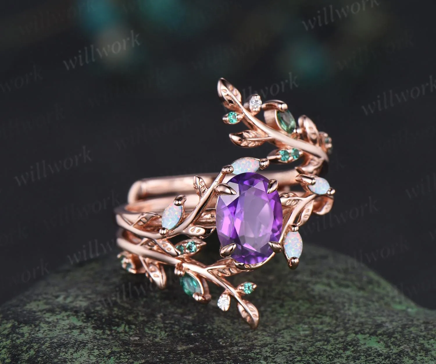Oval cut amethyst engagement ring set 14k rose gold opal emerald branch leaf cluster wedding band enhancer women unique wedding ring set sold by Willwork Jewelry product image thumbnail 3