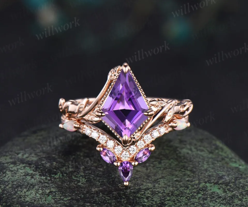 Kite cut purple amethyst engagement ring set 14k rose gold February birthstone ring nature inspired leaf opal bridal ring set women jewely sold by Willwork Jewelry