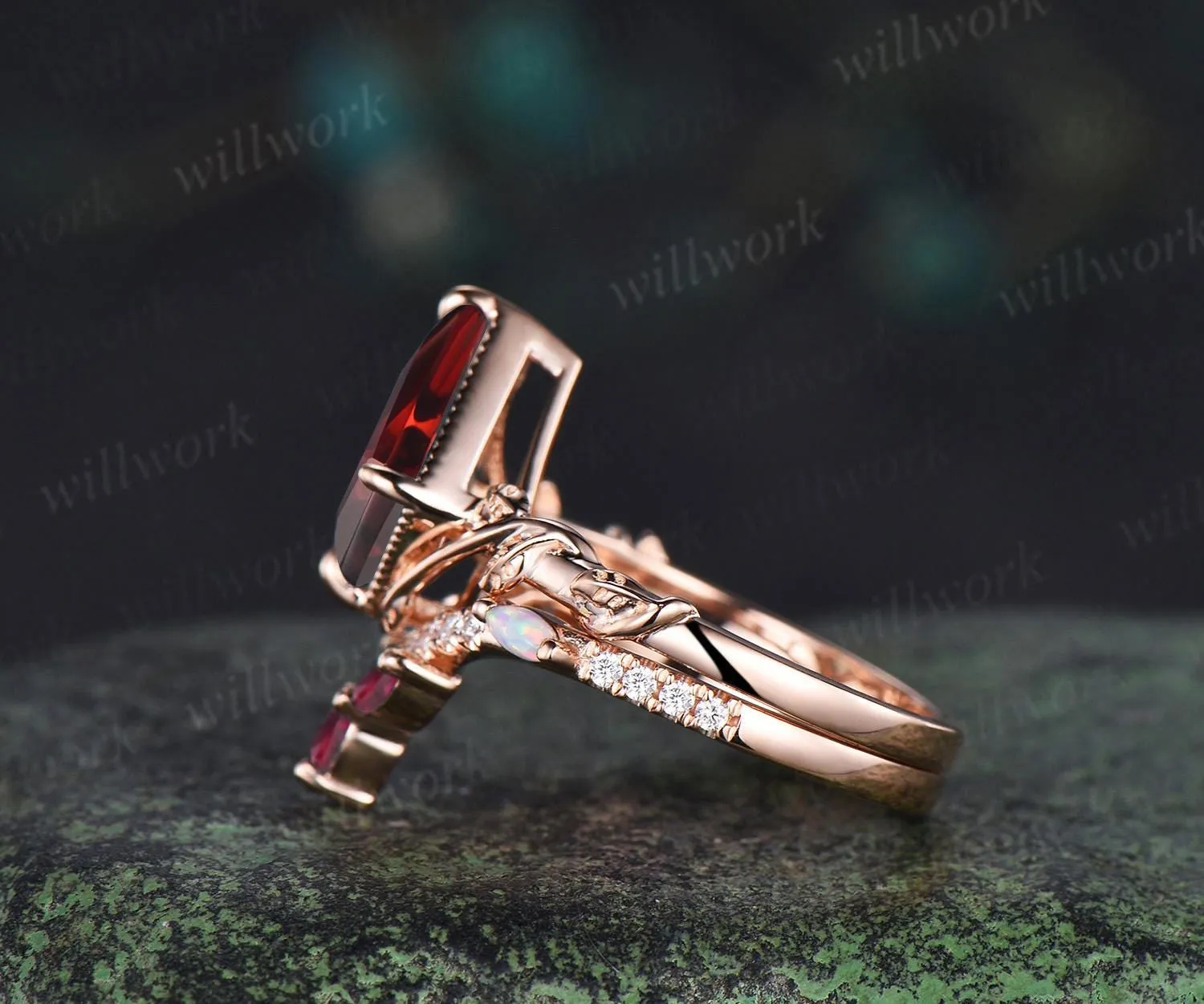 Kite cut red ruby engagement ring set twisted milgrain leaf solitaire ring rose gold opal half eternity unique wedding ring set jewelry sold by Willwork Jewelry product image thumbnail 5
