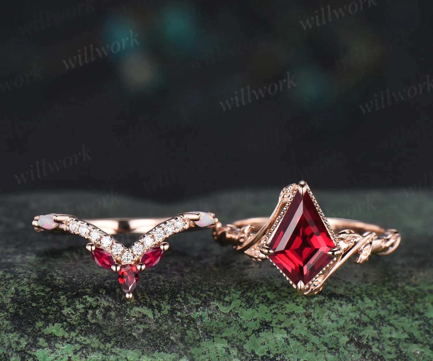 Kite cut red ruby engagement ring set twisted milgrain leaf solitaire ring rose gold opal half eternity unique wedding ring set jewelry sold by Willwork Jewelry product image thumbnail 2