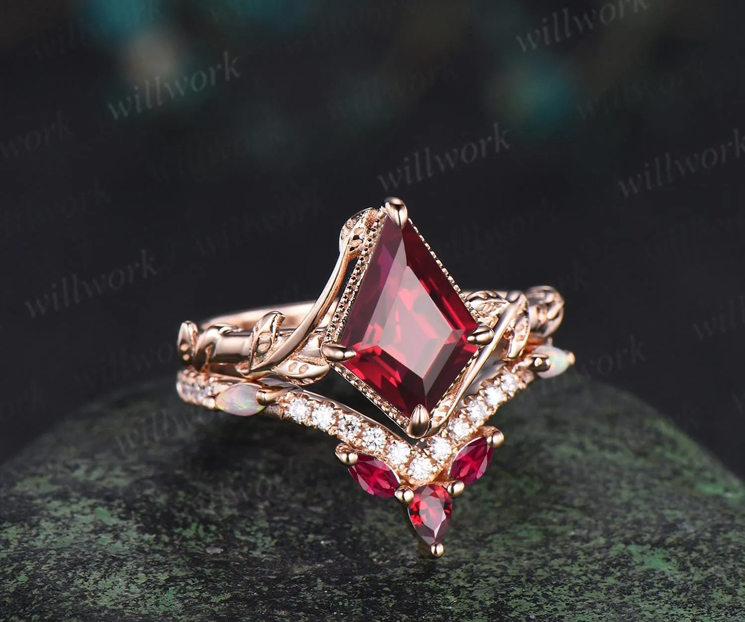 Kite cut red ruby engagement ring set twisted milgrain leaf solitaire ring rose gold opal half eternity unique wedding ring set jewelry sold by Willwork Jewelry product image thumbnail 4
