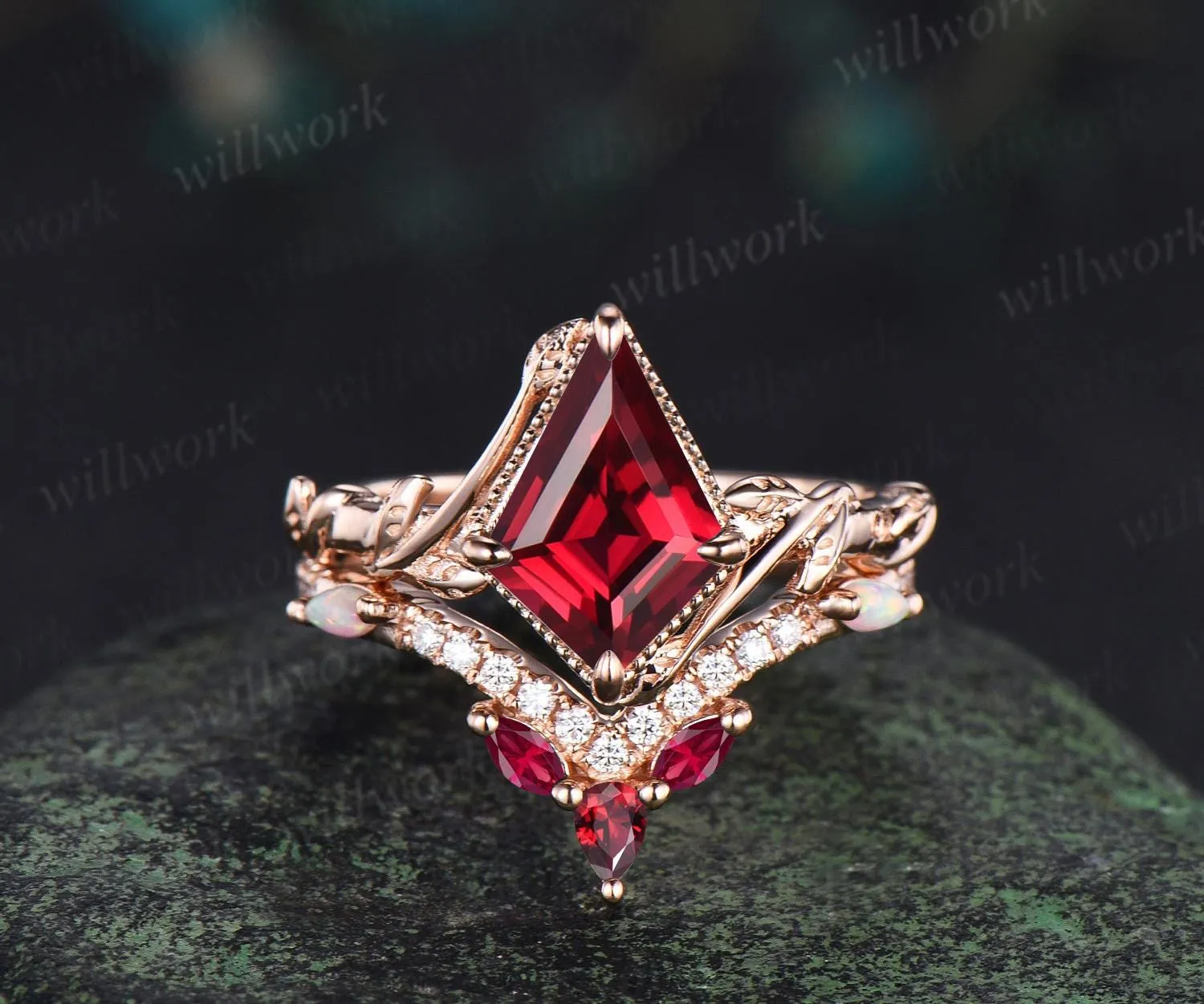 Kite cut red ruby engagement ring set twisted milgrain leaf solitaire ring rose gold opal half eternity unique wedding ring set jewelry sold by Willwork Jewelry
