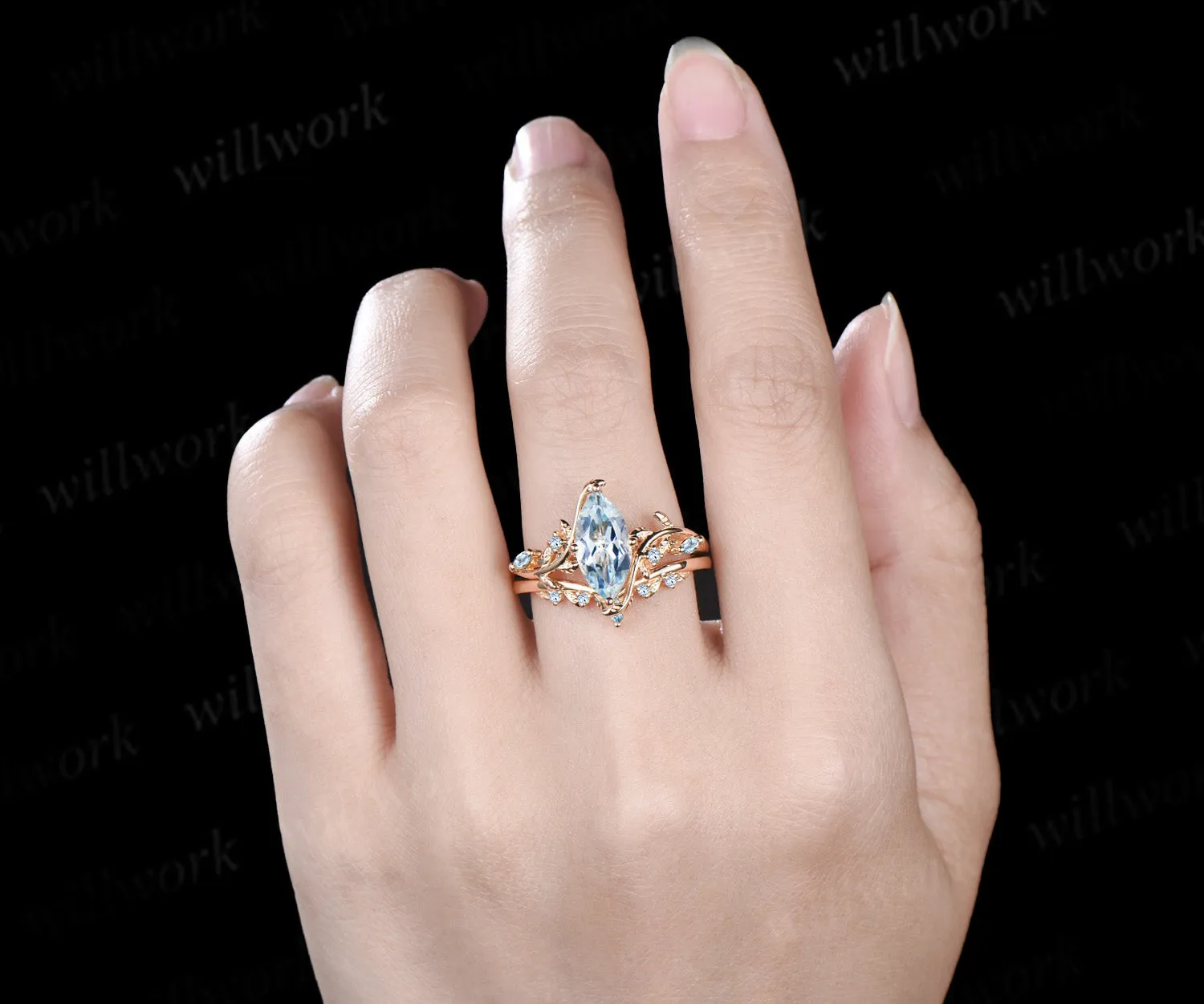 Marquise cut natural aquamarine engagement ring set leaf nature inspired 14k yellow gold ring art deco bridal set women sold by Willwork Jewelry product image thumbnail 4