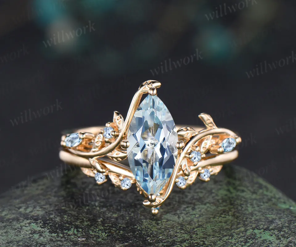 Marquise cut natural aquamarine engagement ring set leaf nature inspired 14k yellow gold ring art deco bridal set women sold by Willwork Jewelry