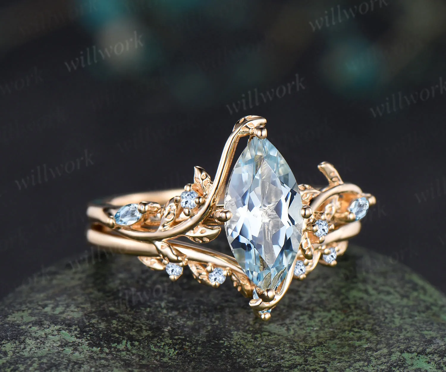 Marquise cut natural aquamarine engagement ring set leaf nature inspired 14k yellow gold ring art deco bridal set women sold by Willwork Jewelry product image thumbnail 3