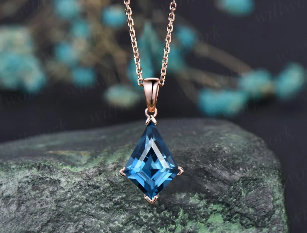 Kite cut London blue topaz necklace solid 14k 18k rose gold vintage unique Personalized pendant for women her anniversary bridal gift mother sold by Willwork Jewelry