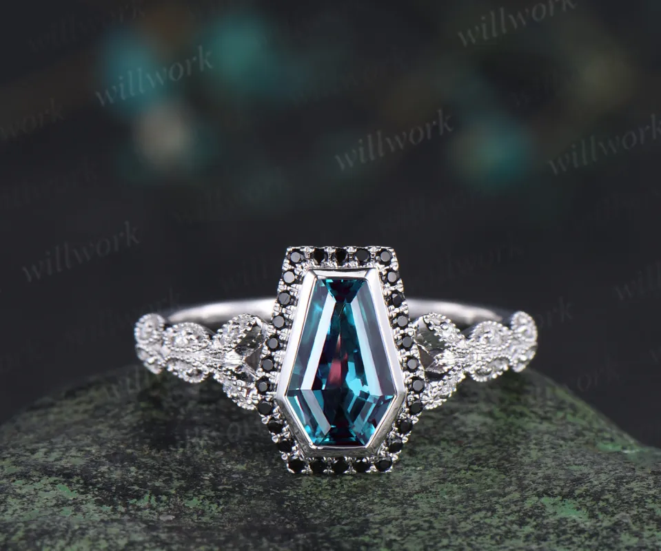 Vintage coffin alexandrite engagement ring kite color change stone black diamond halo art deco butterfly diamond ring unique bridal ring made by Willwork Jewelry