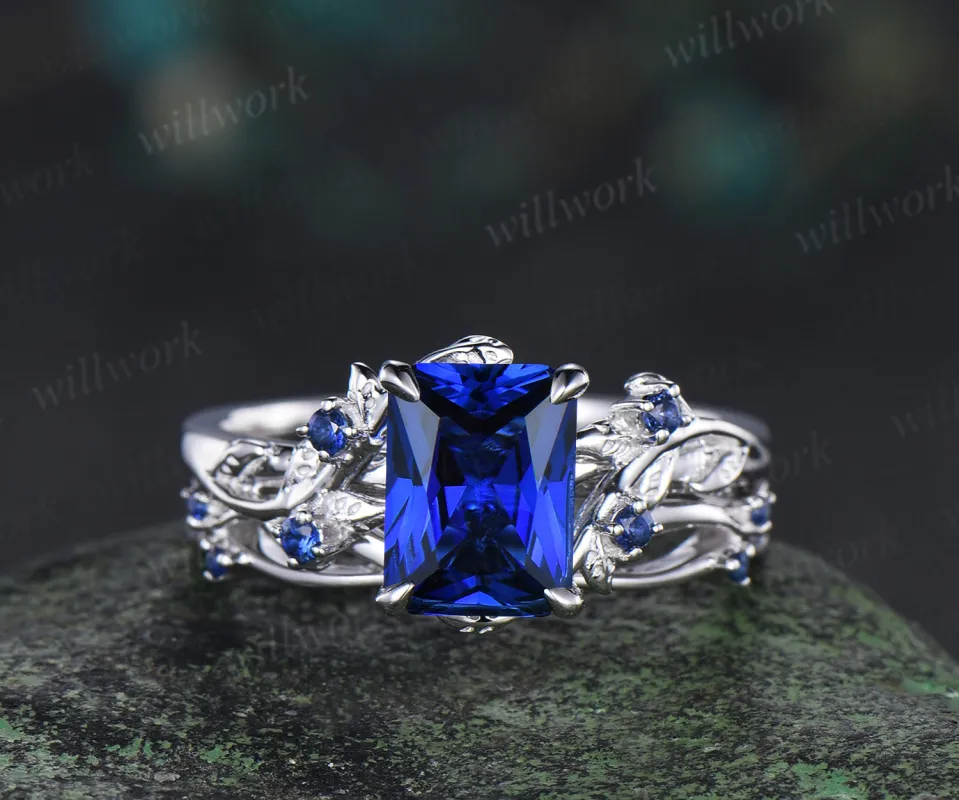 Vintage Radiant cut sapphire engagement ring twig leaf nature inspired sapphire ring art deco matching band unique bridal set sold by Willwork Jewelry