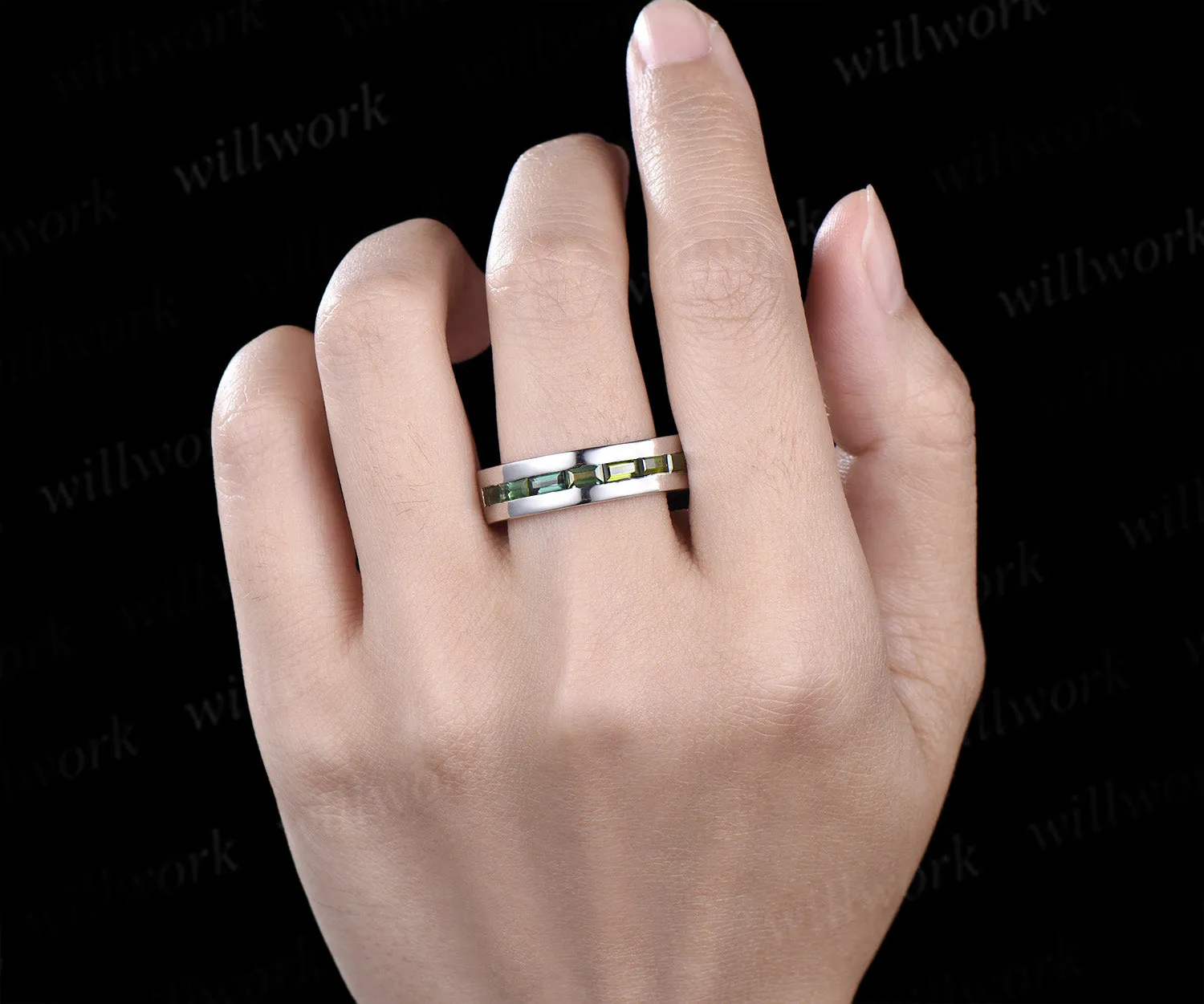 Baguette cut green tourmaline wedding band men half eternity mens engagement ring minimalist wedding anniversary gift sold by Willwork Jewelry product image thumbnail 3