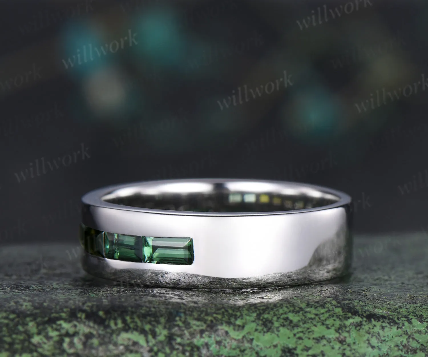 Baguette cut green tourmaline wedding band men half eternity mens engagement ring minimalist wedding anniversary gift sold by Willwork Jewelry product image thumbnail 4