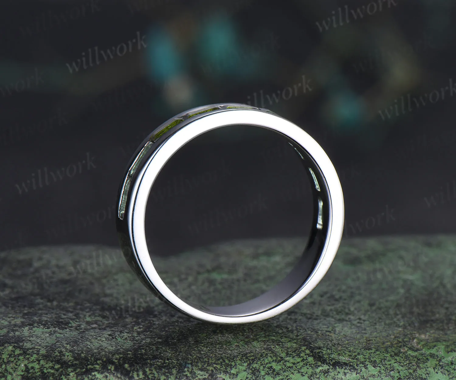 Baguette cut green tourmaline wedding band men half eternity mens engagement ring minimalist wedding anniversary gift sold by Willwork Jewelry product image thumbnail 5