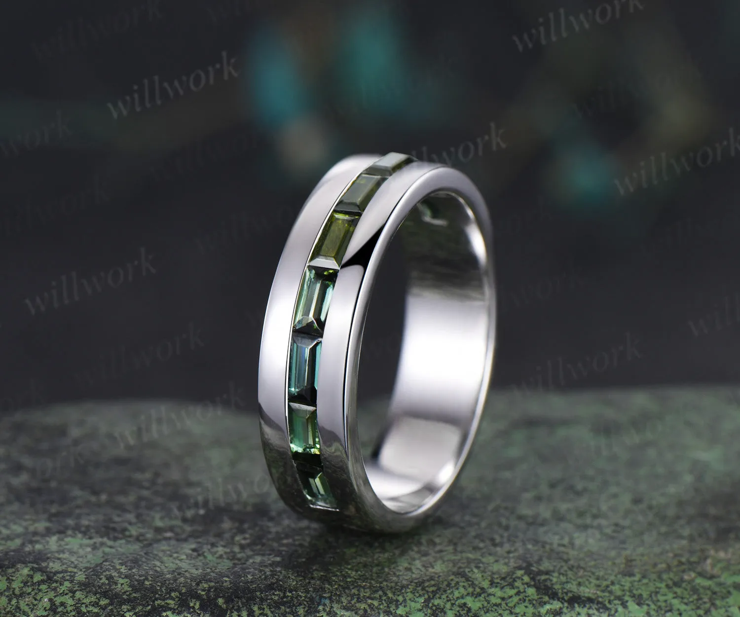 Baguette cut green tourmaline wedding band men half eternity mens engagement ring minimalist wedding anniversary gift sold by Willwork Jewelry product image thumbnail 2