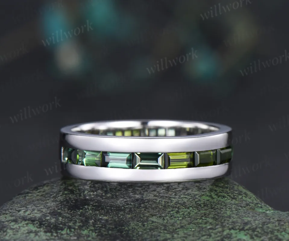 Baguette cut green tourmaline wedding band men half eternity mens engagement ring minimalist wedding anniversary gift sold by Willwork Jewelry