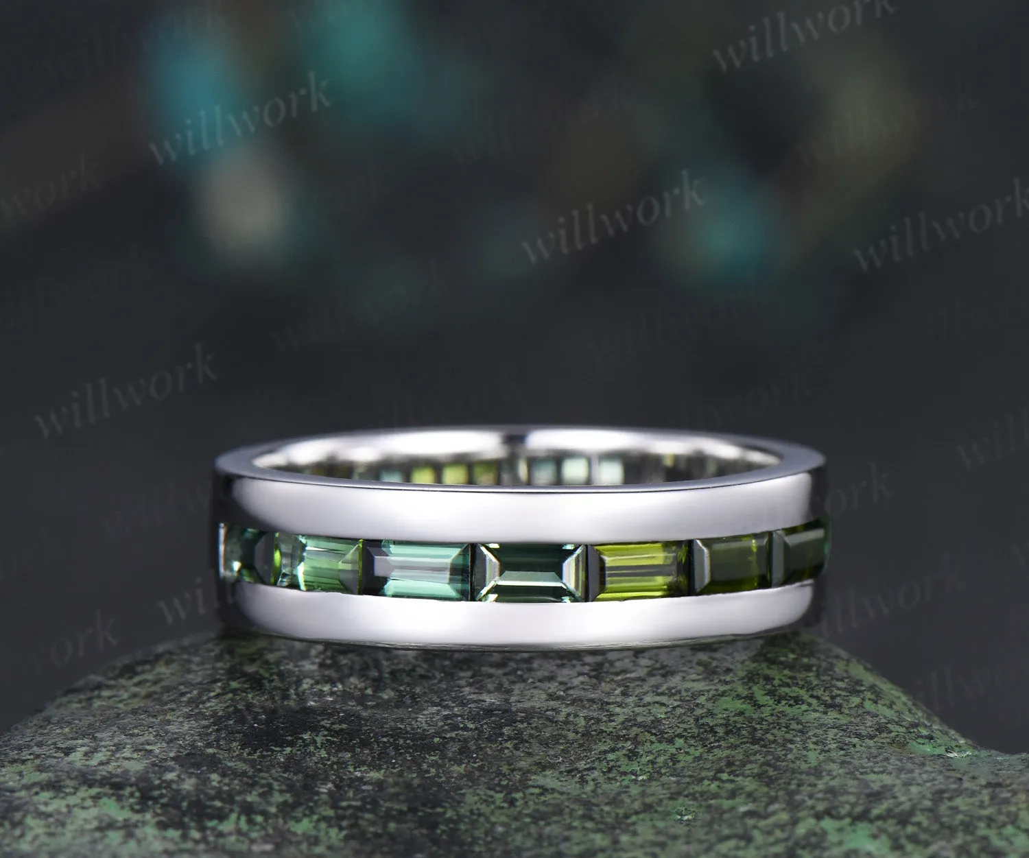 Baguette cut green tourmaline wedding band men half eternity mens engagement ring minimalist wedding anniversary gift sold by Willwork Jewelry