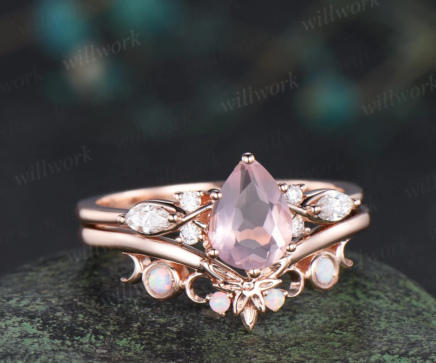 Vintage pear rose quartz engagement ring moissanite seven stone ring moon trinity opal matching band unique bridal set sold by Willwork Jewelry product image thumbnail 5