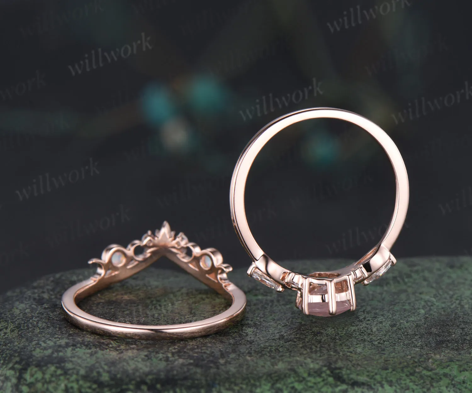 Vintage pear rose quartz engagement ring moissanite seven stone ring moon trinity opal matching band unique bridal set sold by Willwork Jewelry product image thumbnail 3