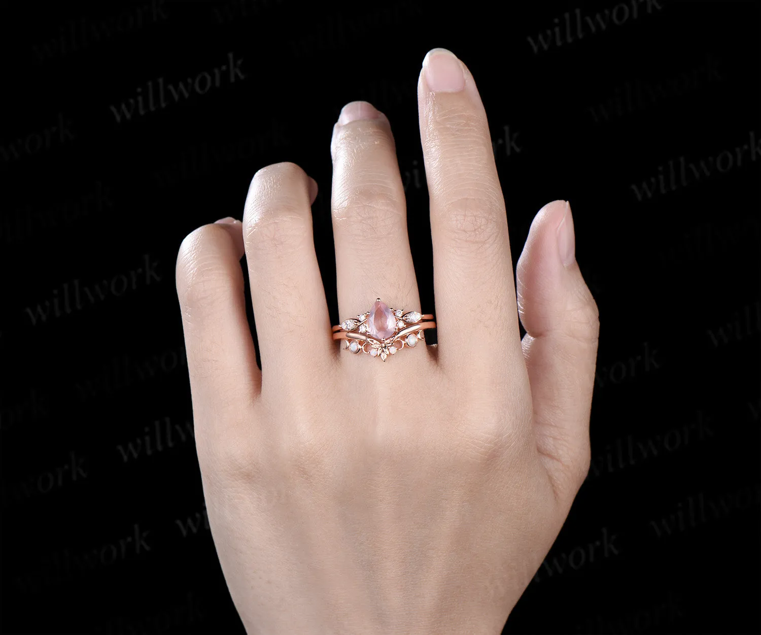 Vintage pear rose quartz engagement ring moissanite seven stone ring moon trinity opal matching band unique bridal set sold by Willwork Jewelry product image thumbnail 2