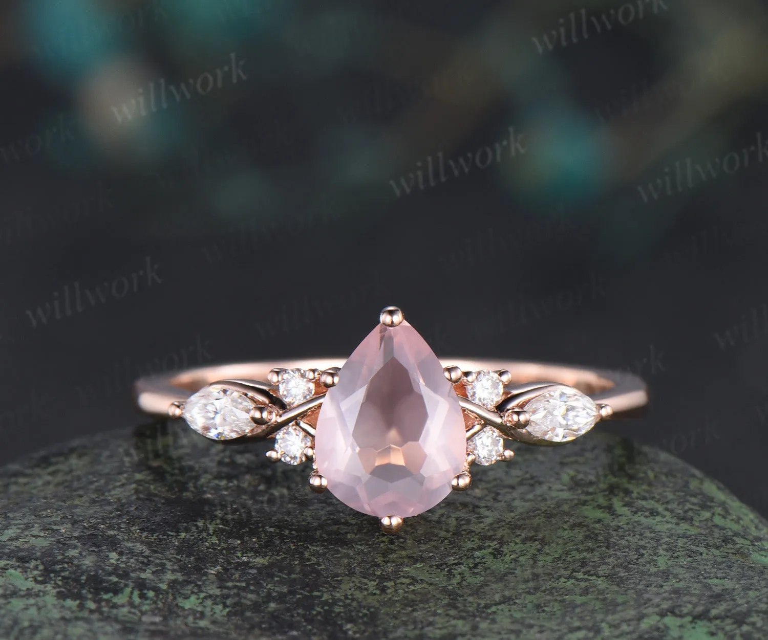 Vintage pear rose quartz engagement ring moissanite seven stone ring moon trinity opal matching band unique bridal set sold by Willwork Jewelry product image thumbnail 4
