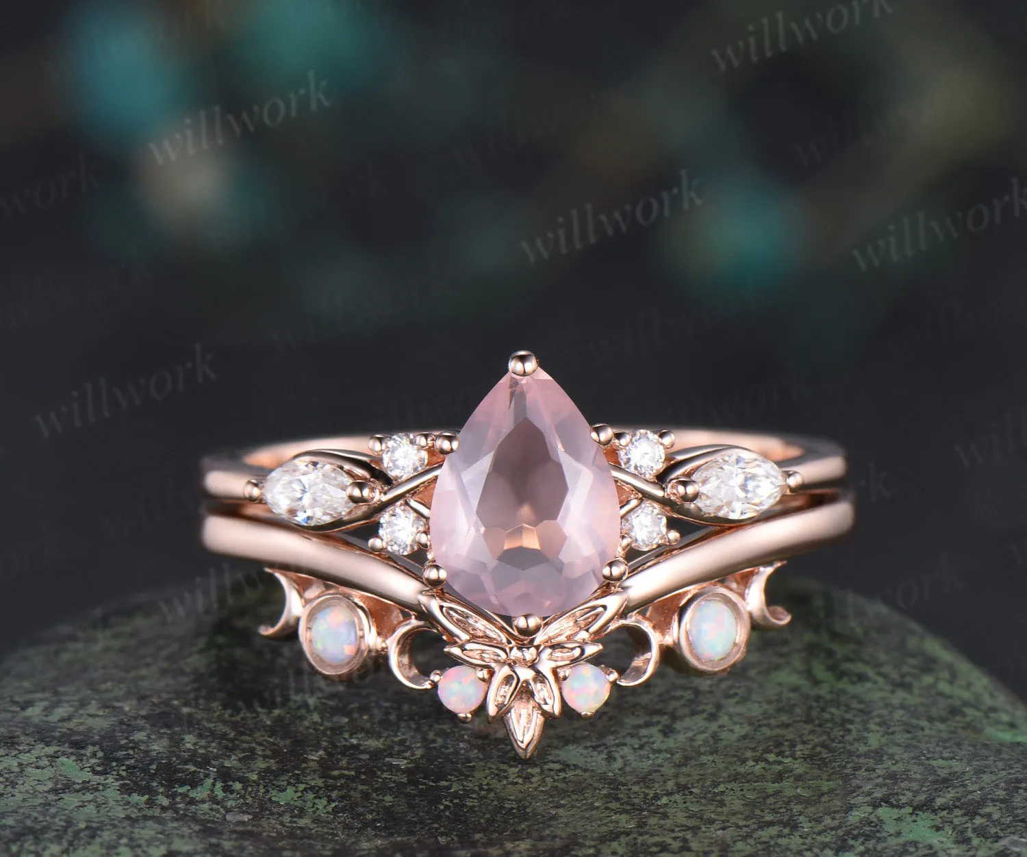 Vintage pear rose quartz engagement ring moissanite seven stone ring moon trinity opal matching band unique bridal set sold by Willwork Jewelry