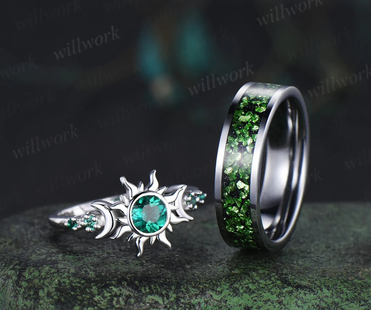 Vintage Round Cut Green Emerald Sun Moon Engagement Ring & Bold Tungsten Crushed Green Stone Men Wedding Band Unique Couple Rings sold by Willwork Jewelry product image thumbnail 3