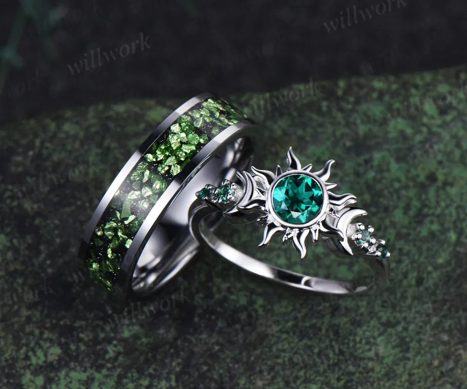 Vintage Round Cut Green Emerald Sun Moon Engagement Ring & Bold Tungsten Crushed Green Stone Men Wedding Band Unique Couple Rings sold by Willwork Jewelry