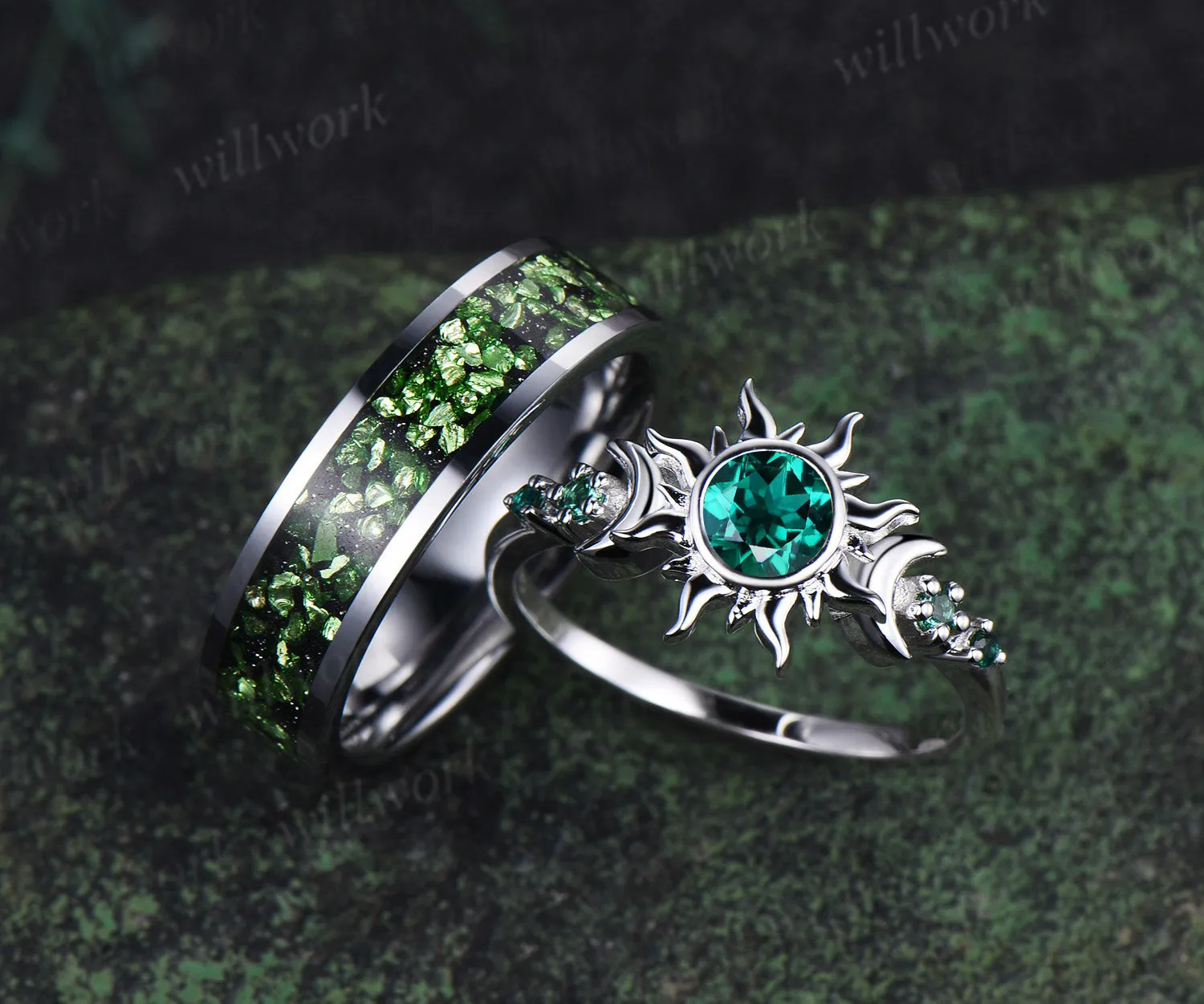 Vintage Round Cut Green Emerald Sun Moon Engagement Ring & Bold Tungsten Crushed Green Stone Men Wedding Band Unique Couple Rings sold by Willwork Jewelry
