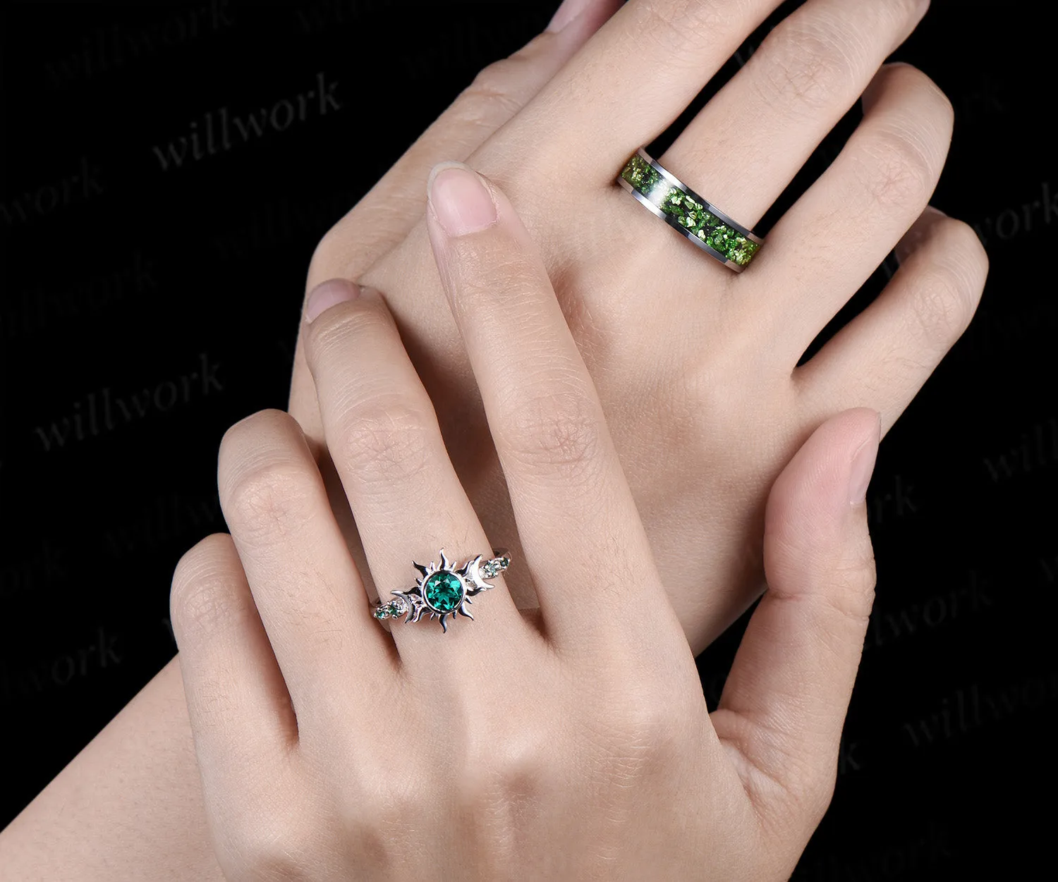 Vintage Round Cut Green Emerald Sun Moon Engagement Ring & Bold Tungsten Crushed Green Stone Men Wedding Band Unique Couple Rings sold by Willwork Jewelry product image thumbnail 5