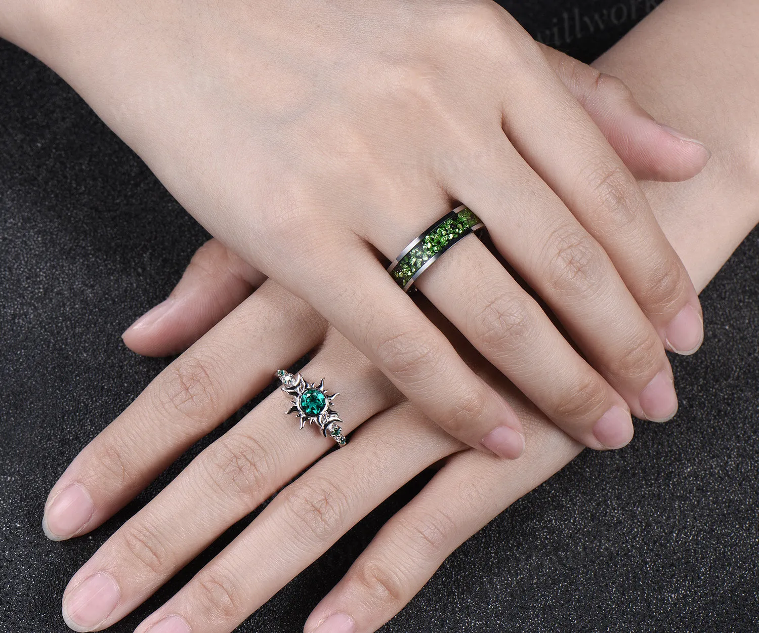 Vintage Round Cut Green Emerald Sun Moon Engagement Ring & Bold Tungsten Crushed Green Stone Men Wedding Band Unique Couple Rings sold by Willwork Jewelry product image thumbnail 2