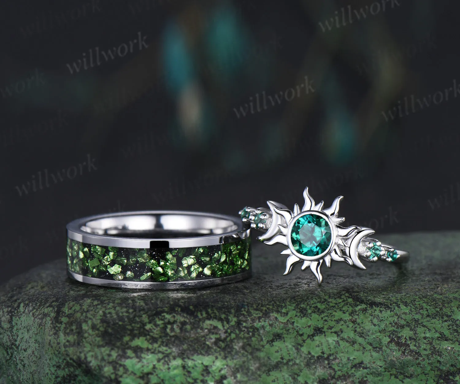 Vintage Round Cut Green Emerald Sun Moon Engagement Ring & Bold Tungsten Crushed Green Stone Men Wedding Band Unique Couple Rings sold by Willwork Jewelry product image thumbnail 4