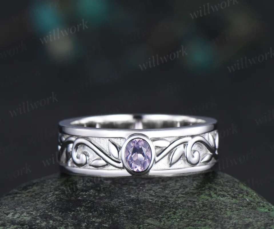 Oval lavender amethyst mens wedding band 6mm solitaire amethyst white gold leaf branch engraved bezel ring gifts for him sold by Willwork Jewelry